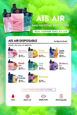 AIS Air 5000 充電式ベイプペン ソルトニコチン使い捨てペン 75g